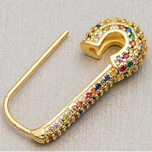 Gold Plated Rhinestone Safety-pin Earring, Multicolor, Punk, Hip Hop